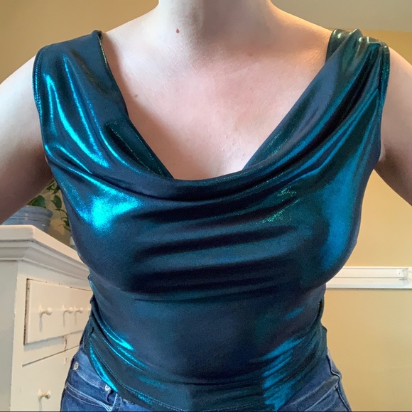 DONATED Vintage 90s/Y2K blue metallic going out tank top - Picture 3 of 5